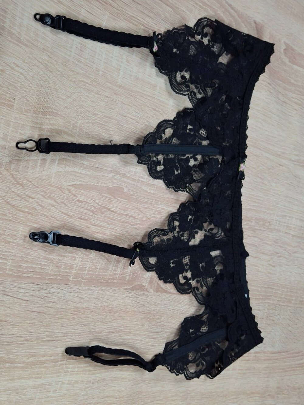 Black Sz L Lace Garter Belt Strap Suspender Thigh High Stocking Bow Floral Lace